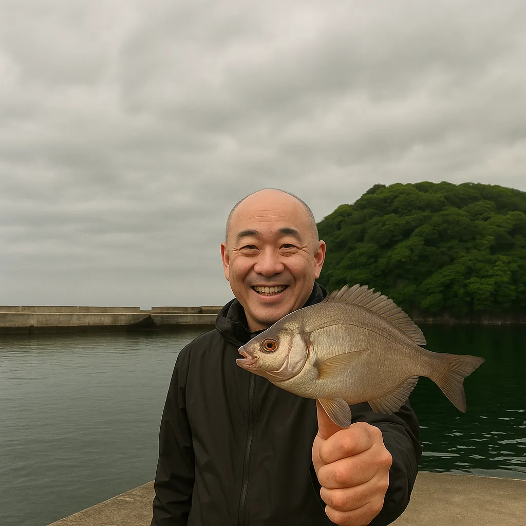 小竹浜漁港でウミタナゴの釣果を得たがんだま君.webp