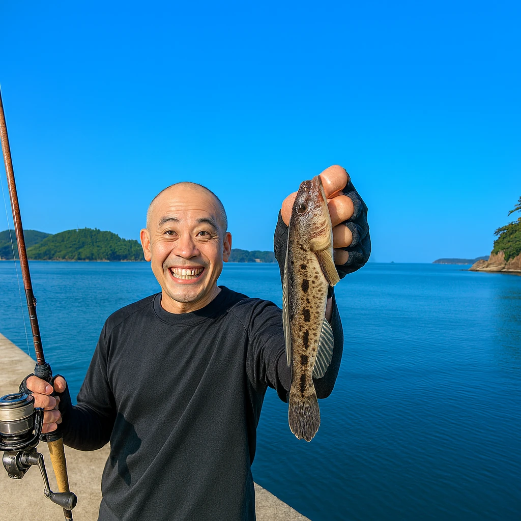 小網倉漁港でハゼの釣果を得たがんだま君.webp
