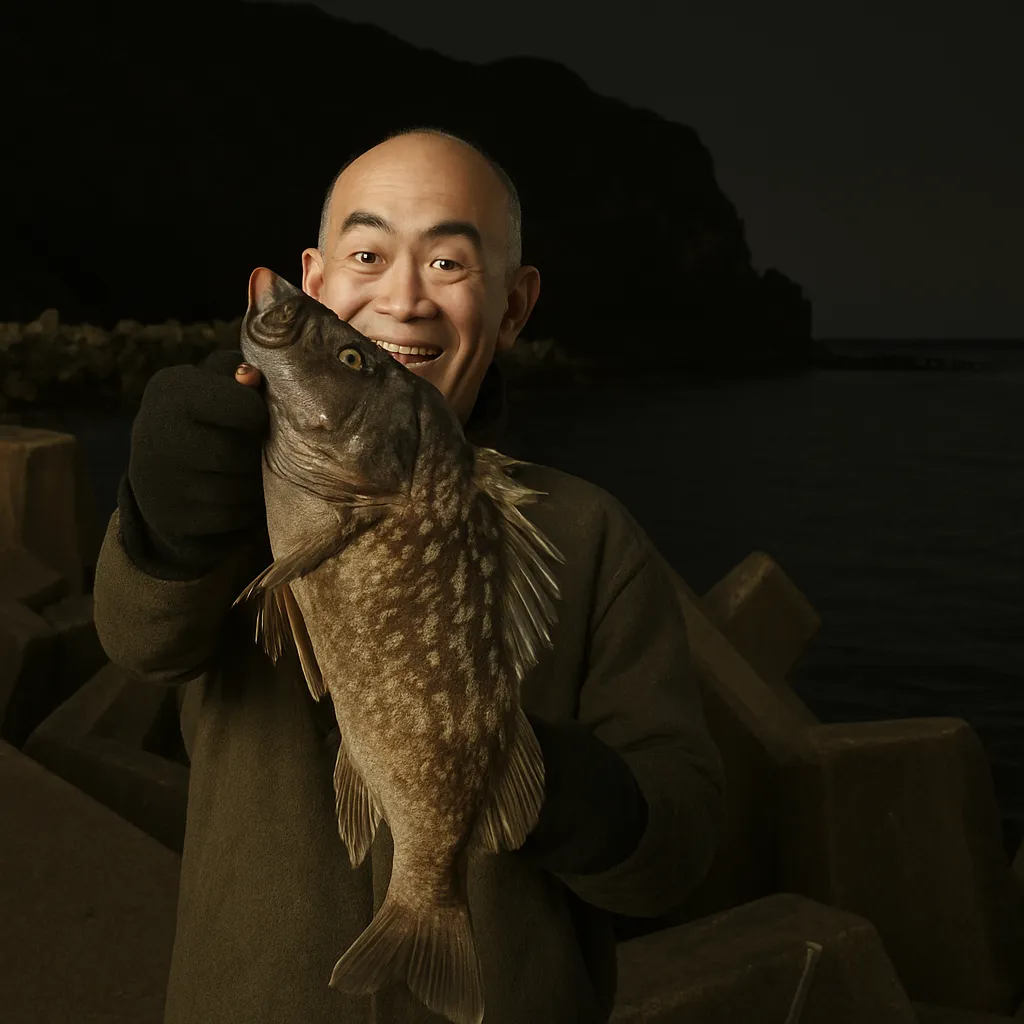尻労漁港でクロソイの釣果を得たがんだま君.webp
