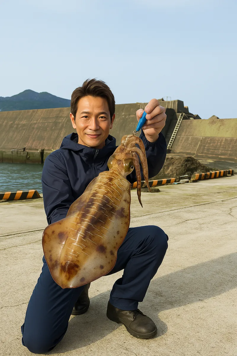 尾波瀬漁港でアオリイカの釣果を得た亀岡.webp