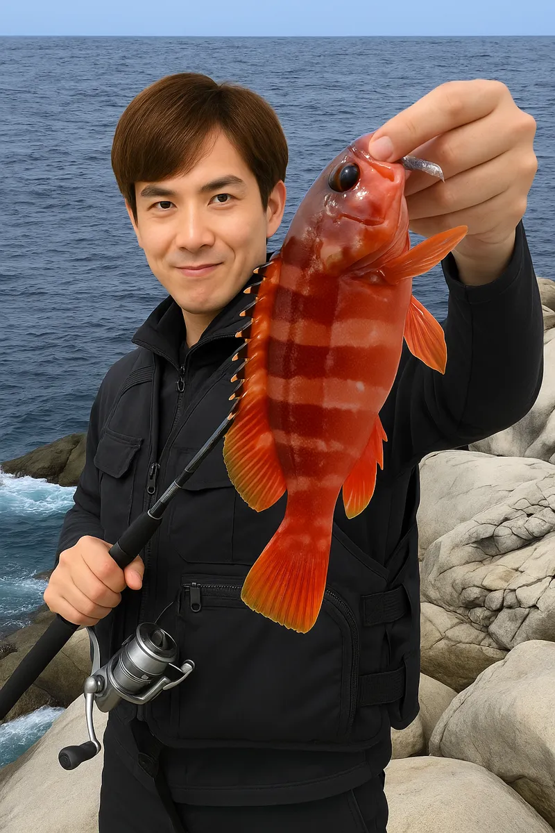 屋久島でアカハタの釣果を得た男性.webp