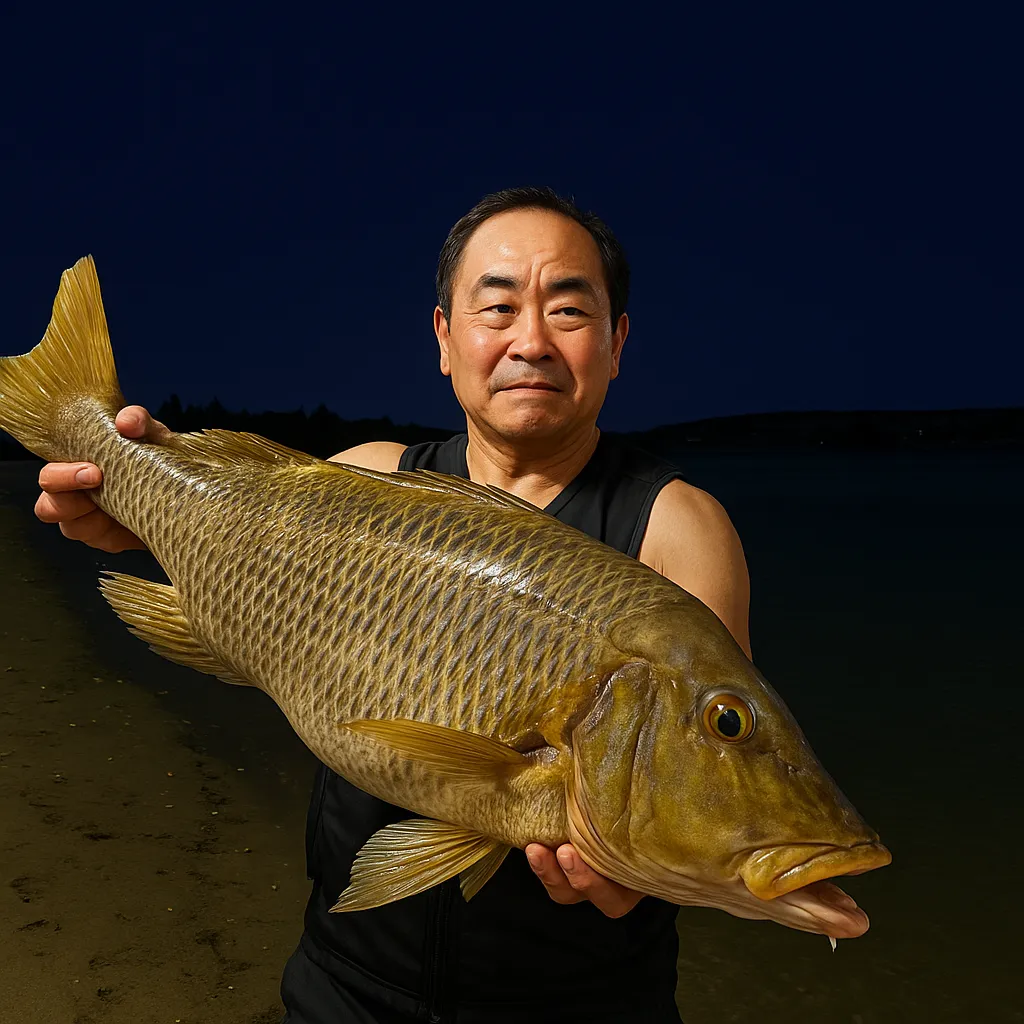 屋我地島でタマンの釣果を得た男性.webp