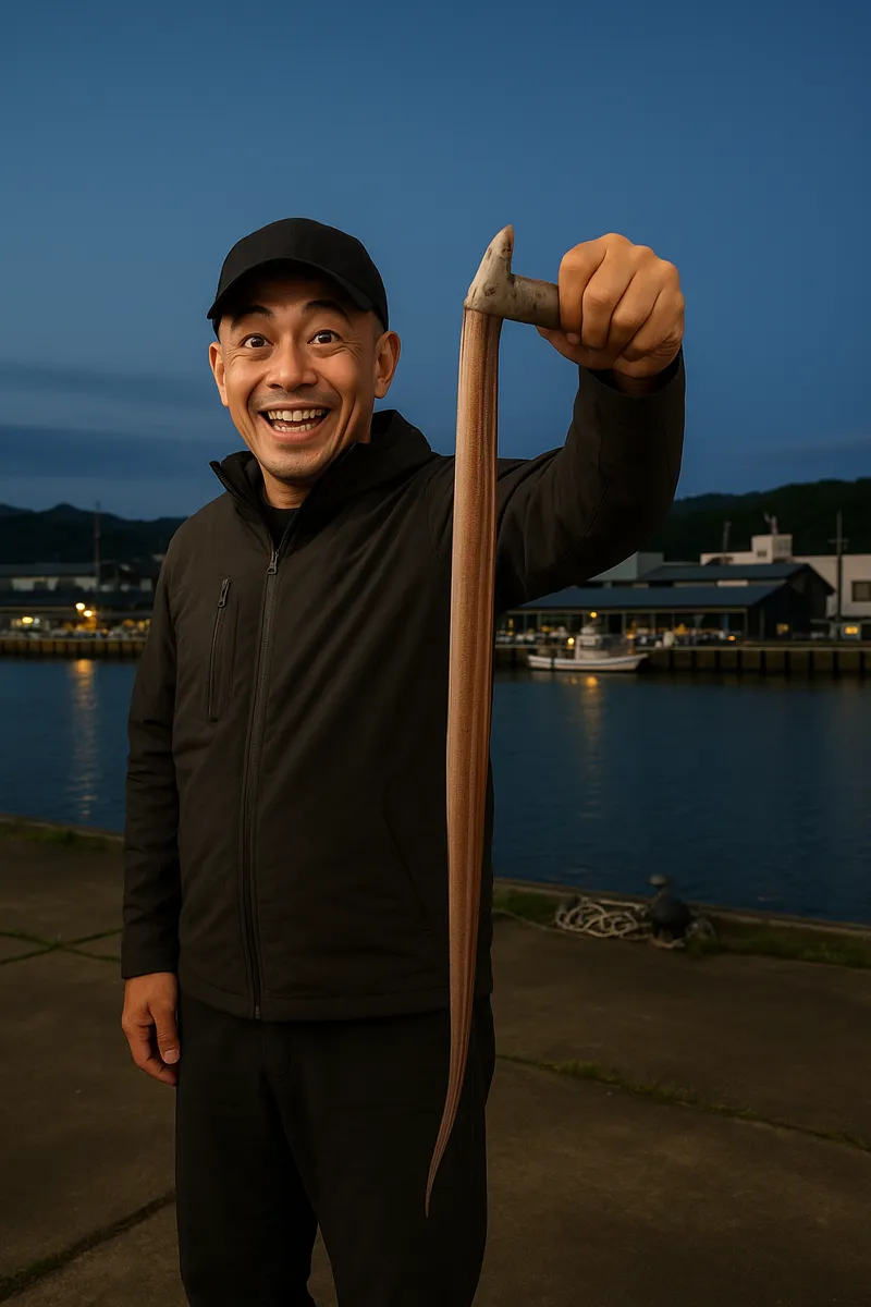 山田漁港でアナゴの釣果を得たがんだま君.webp