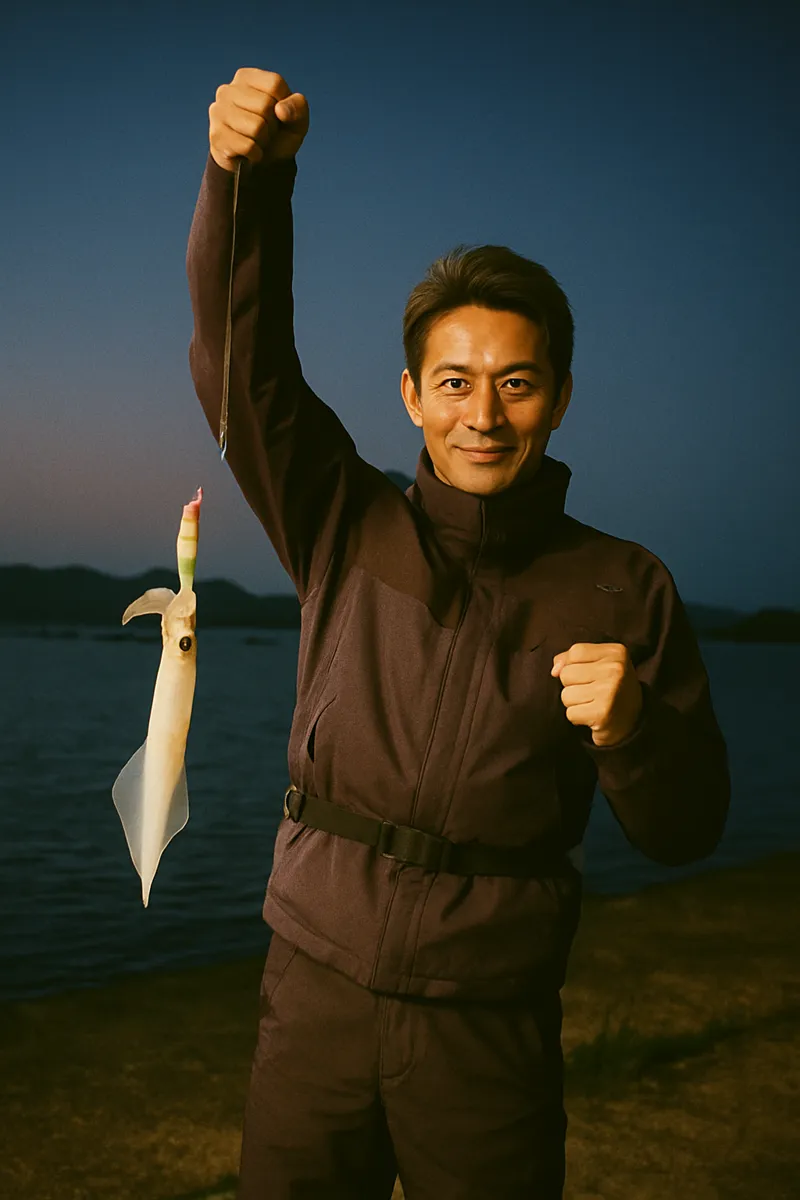 山田漁港でヤリイカの釣果を得た亀岡.webp