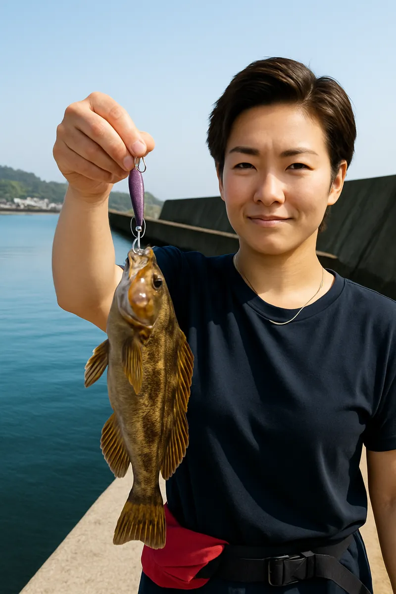 岩崎漁港でアイナメの釣果を得た女性.webp