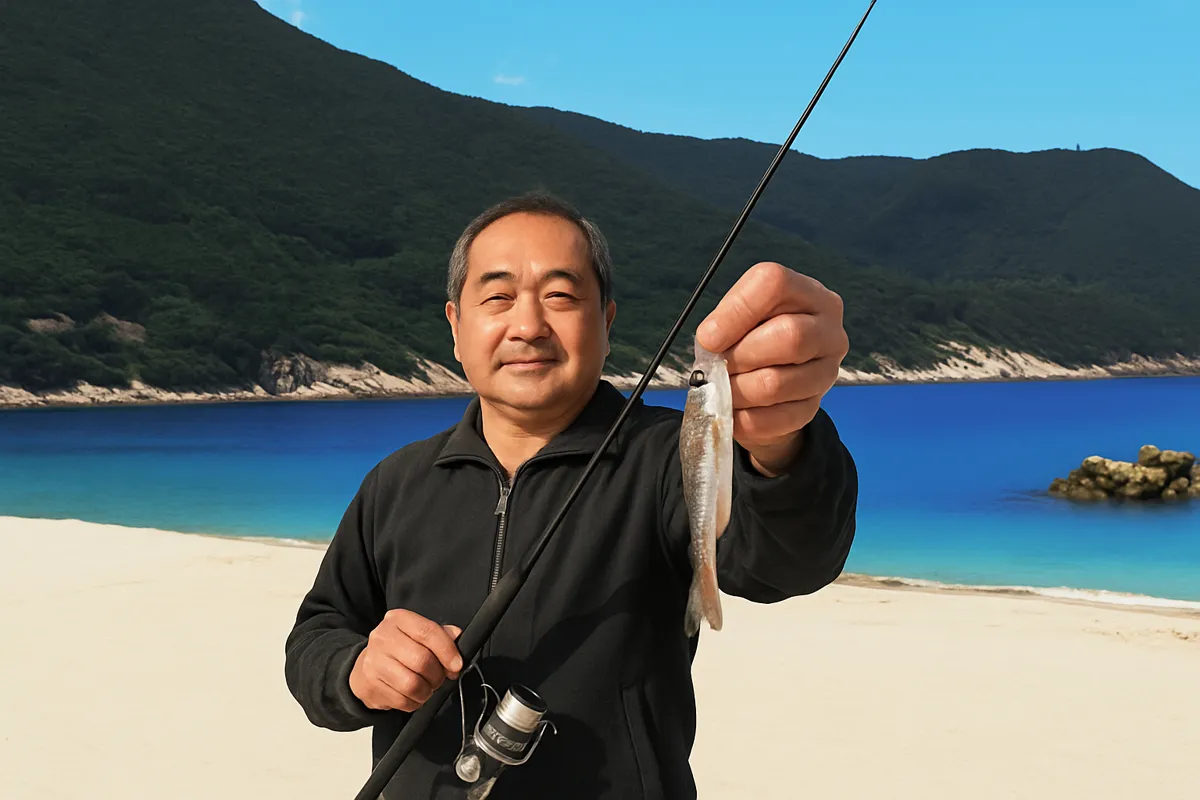 岸良海岸でシロギスの釣果を得た持田.webp