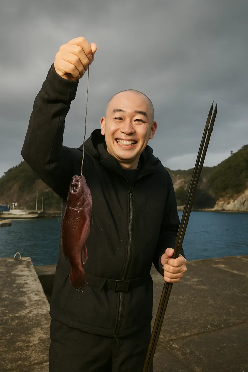 島の越漁港でドンコの釣果を得たがんだま君.webp