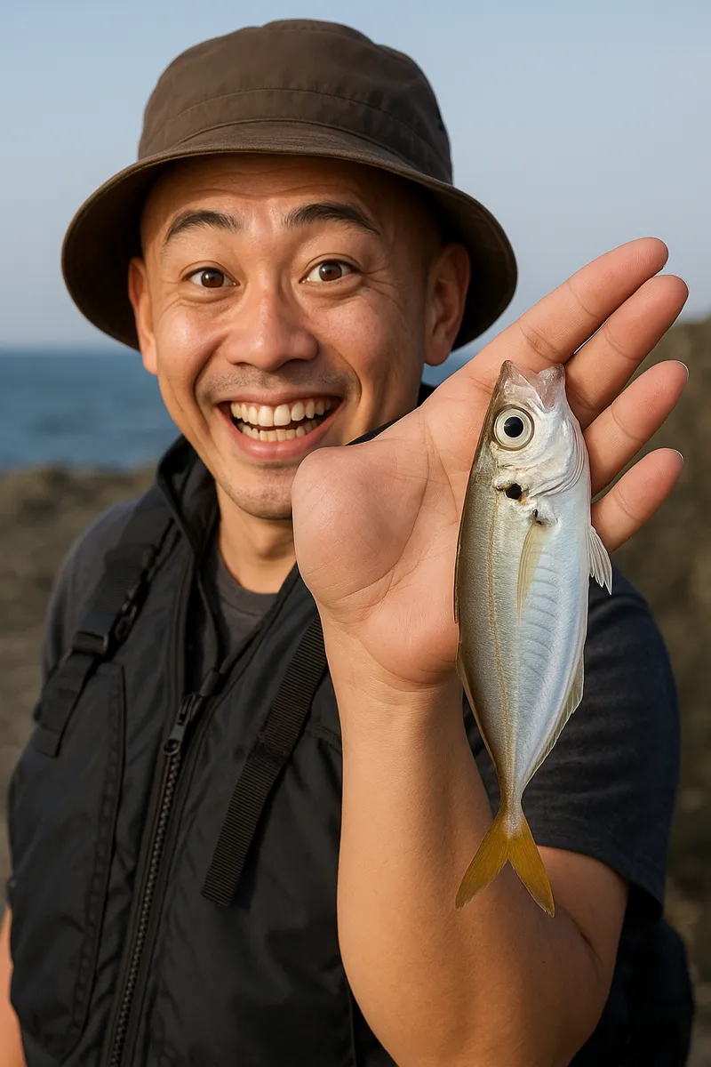 崎浜漁港でアジの釣果を得たがんだま君.webp