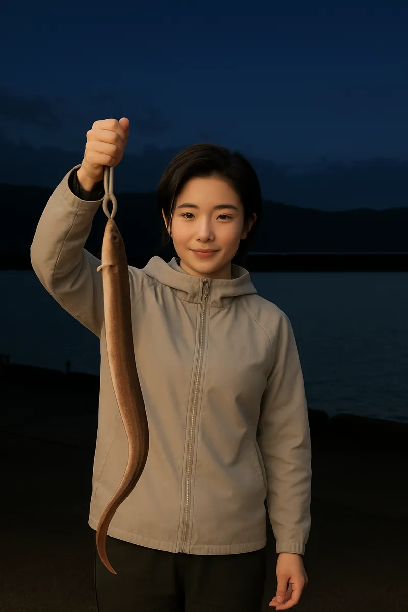 崎浜漁港でアナゴの釣果を得た佐伯.webp