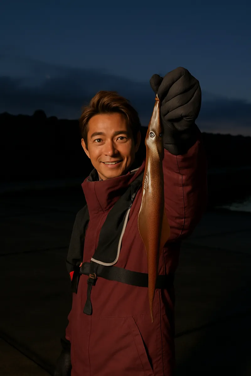 崎浜漁港でヤリイカの釣果を得た亀岡.webp