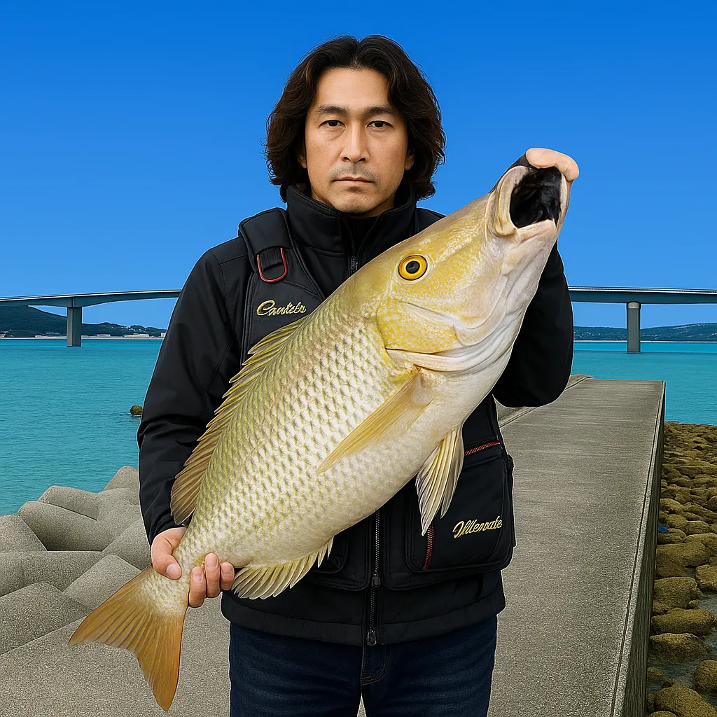 平安座漁港でタマンの釣果を得た岸本.webp