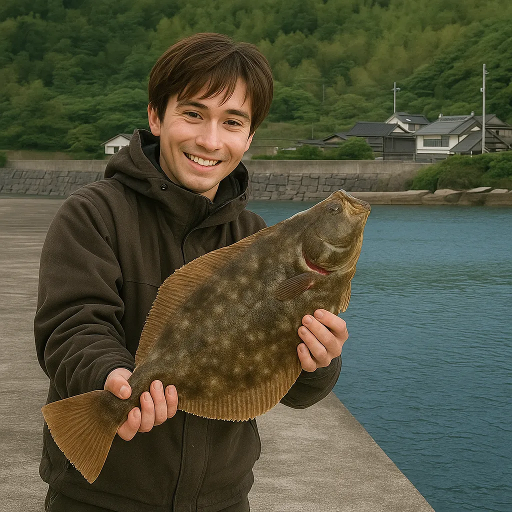 平川ヨットハーバーでヒラメの釣果を得た男性.webp