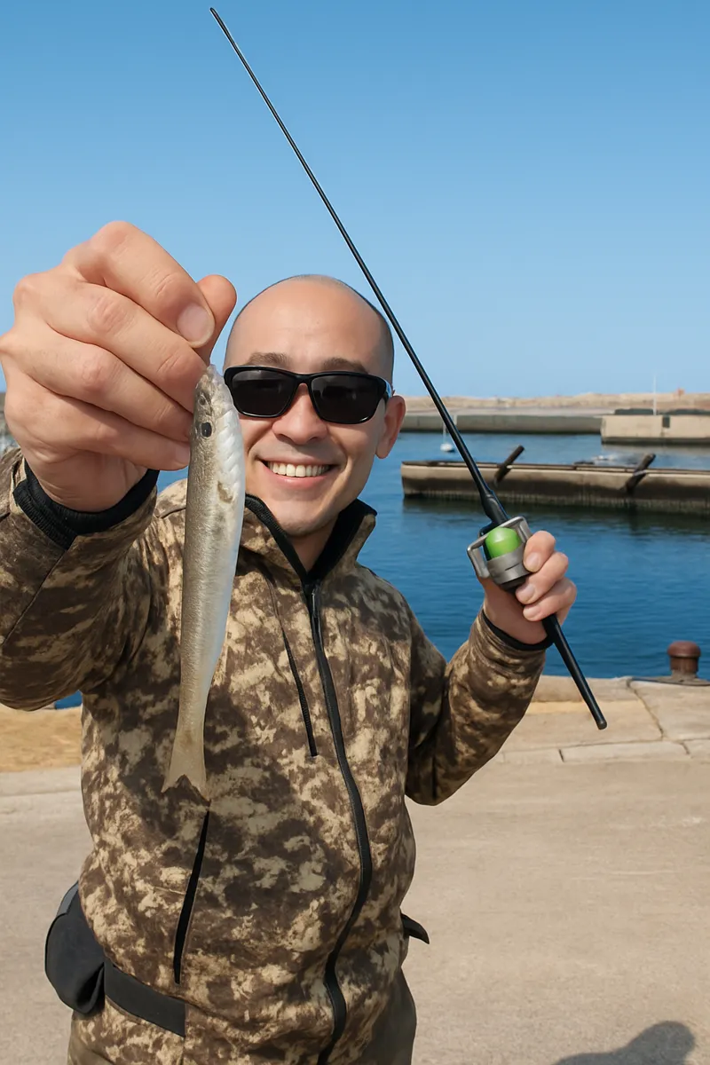 平沢漁港でハゼの釣果を得たがんだま君.webp