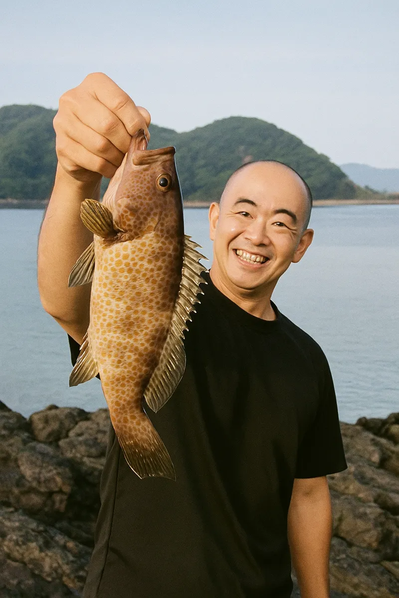 庵川漁港でオオモンハタの釣果を得たがんだま君.webp