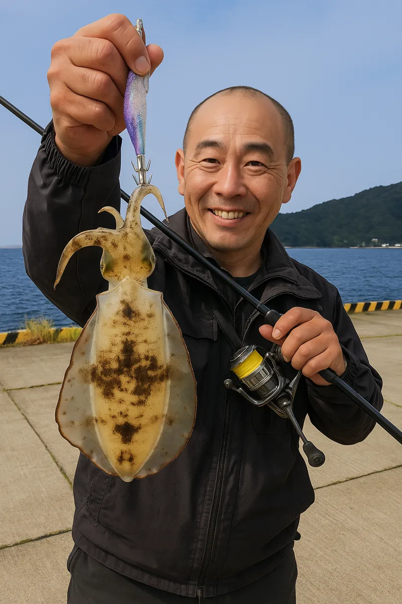 延岡新港でエギングの釣果を得た男性.webp