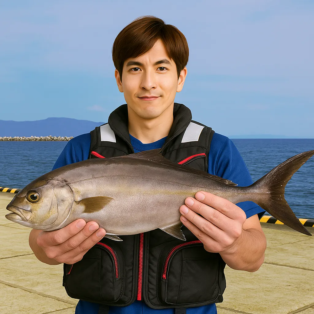 延岡新港でカンパチの釣果を得た男性.webp