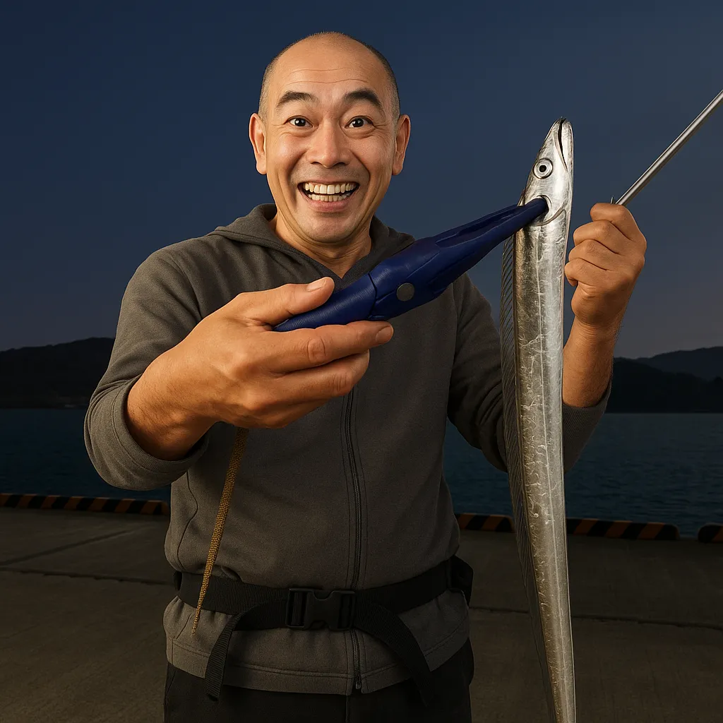 延岡新港でタチウオの釣果を得たがんだま君.webp