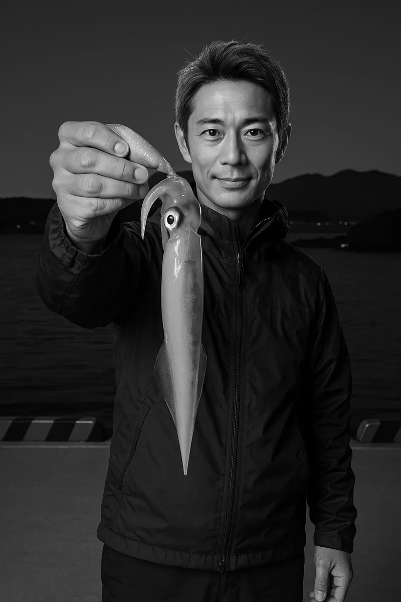 御崎漁港でヤリイカの釣果を得た亀岡.webp