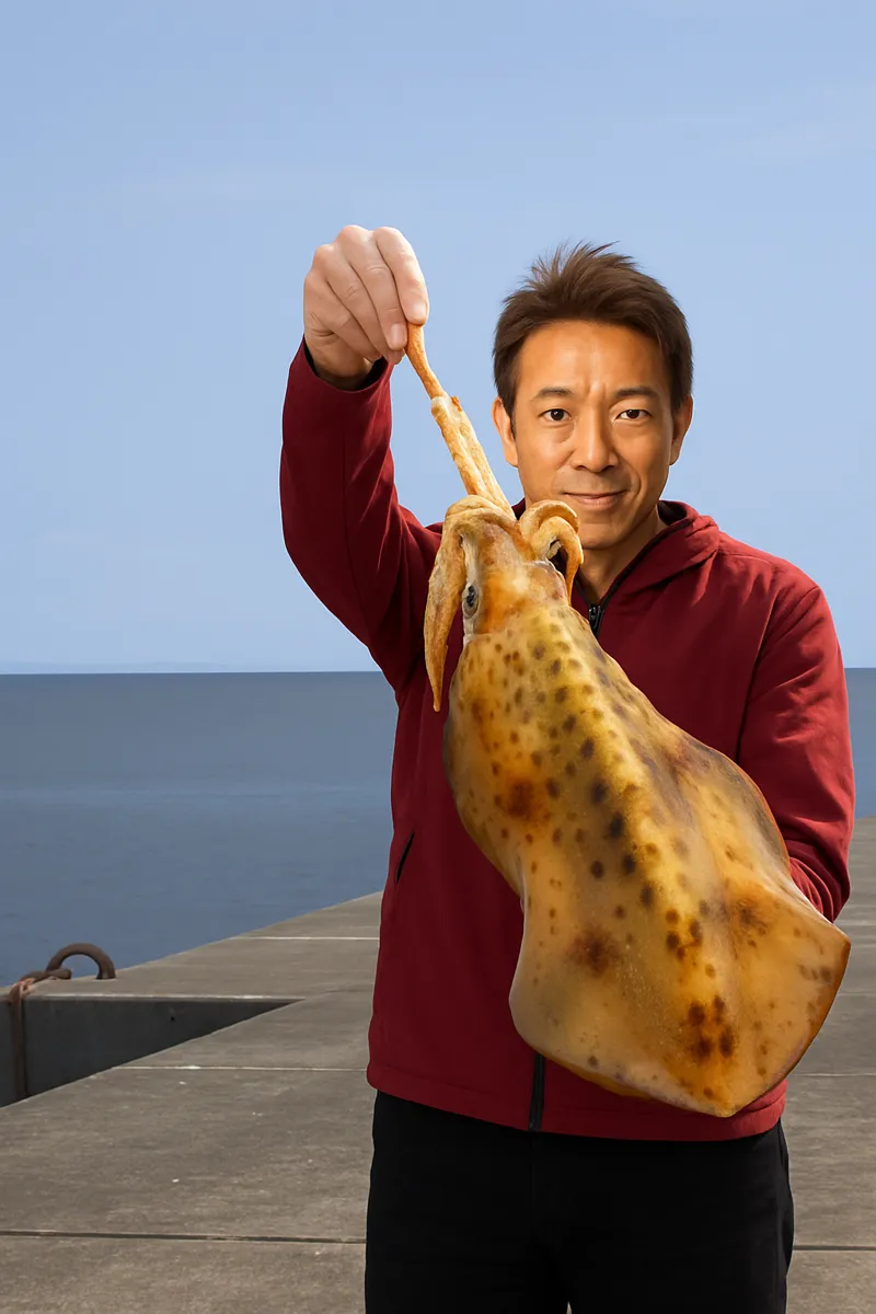 徳之島でアオリイカの釣果を得た亀岡.webp
