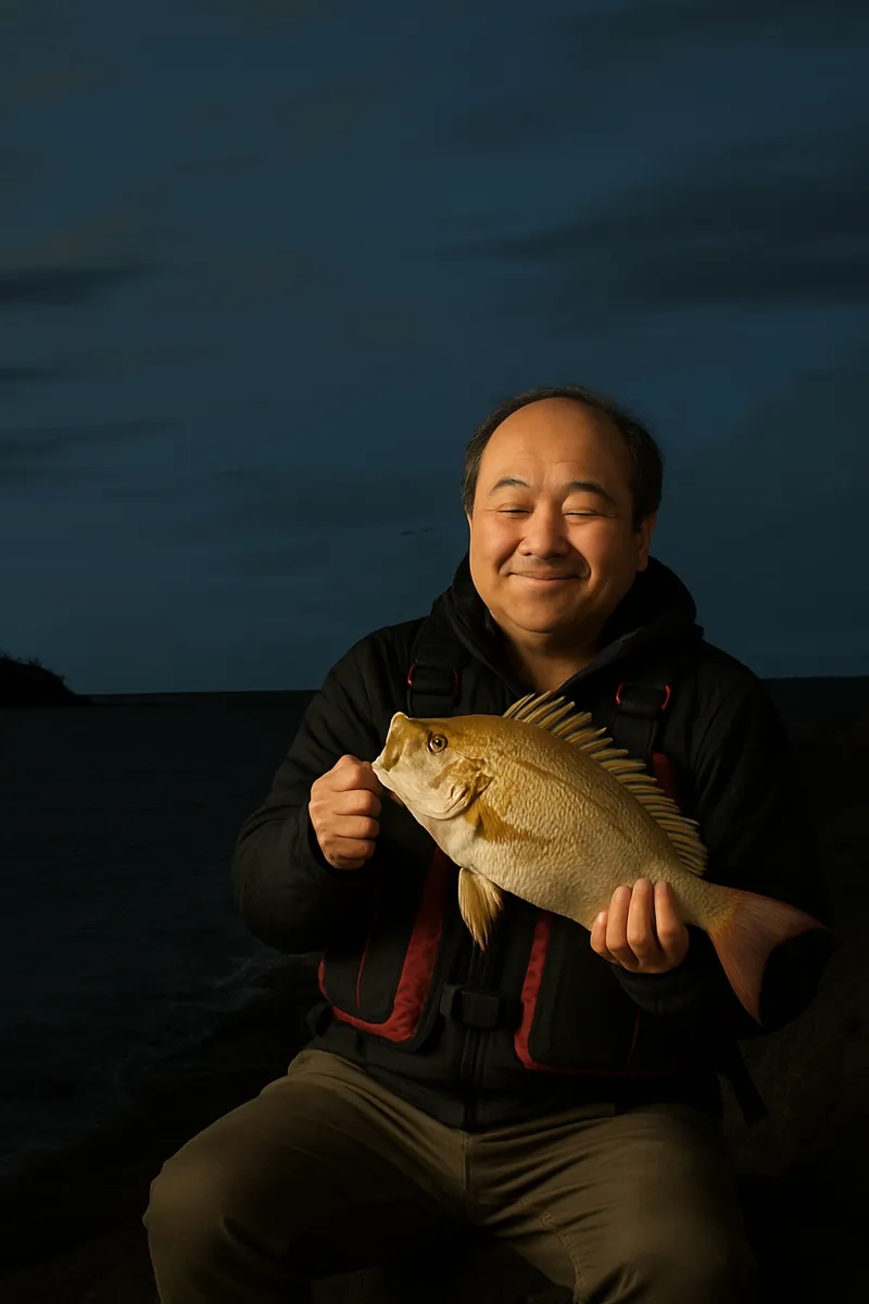 志喜屋漁港でタマンの釣果を得た持田.webp