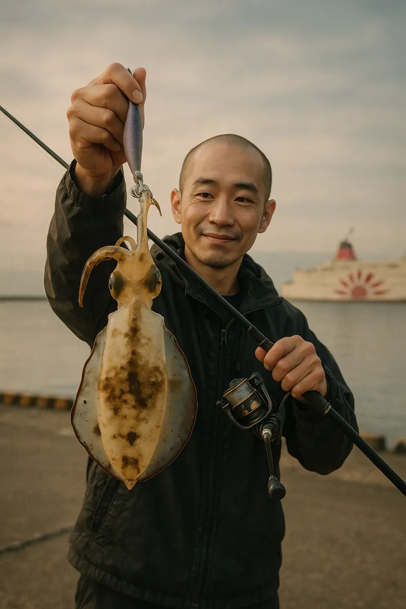 志布志港でアオリイカの釣果を得たがんだま君.webp