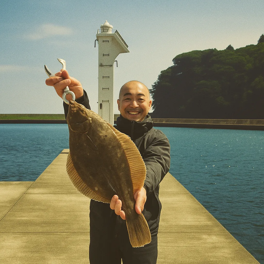 志津川漁港でカレイの釣果を得たがんだま君.webp