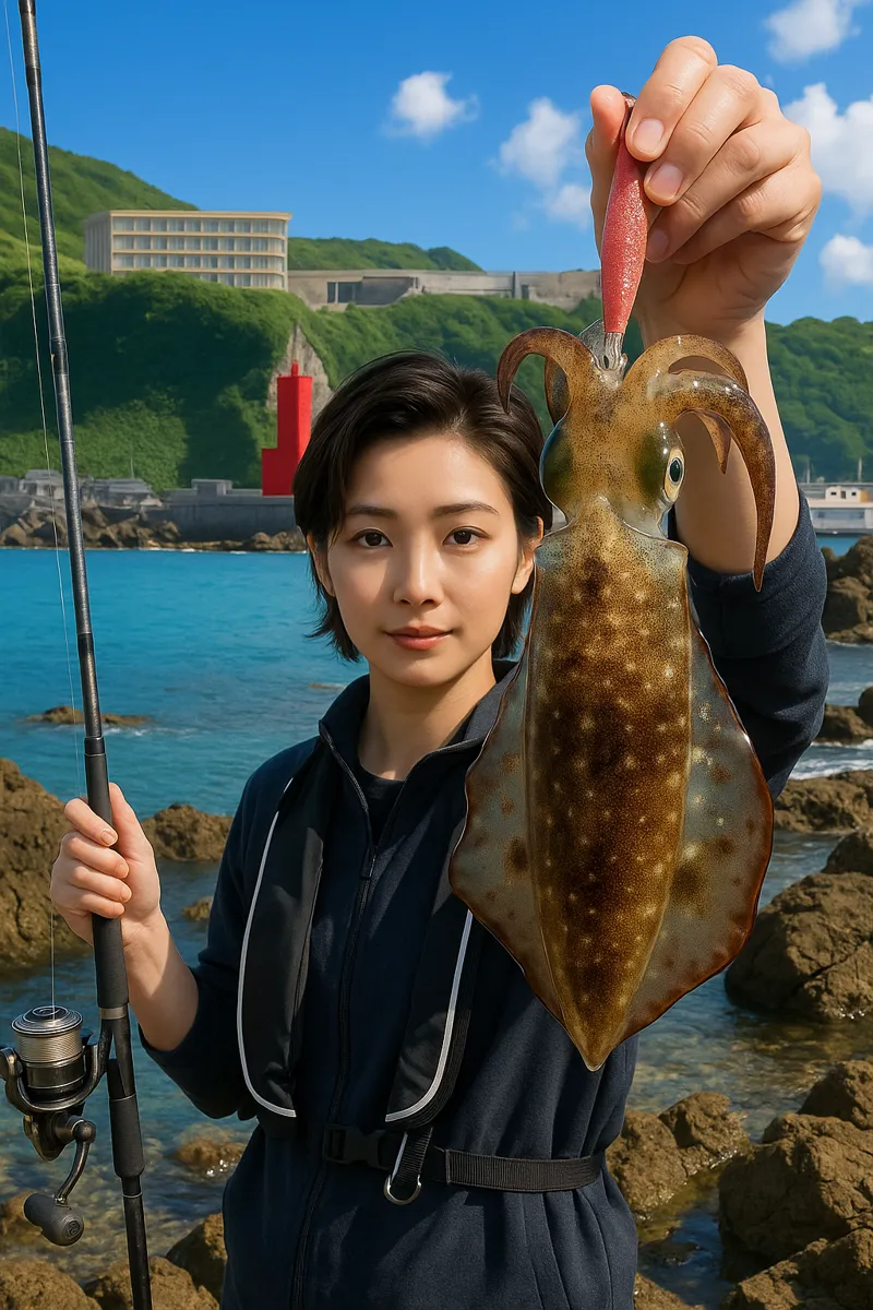 戸賀漁港でアオリイカの釣果を得た佐伯.webp