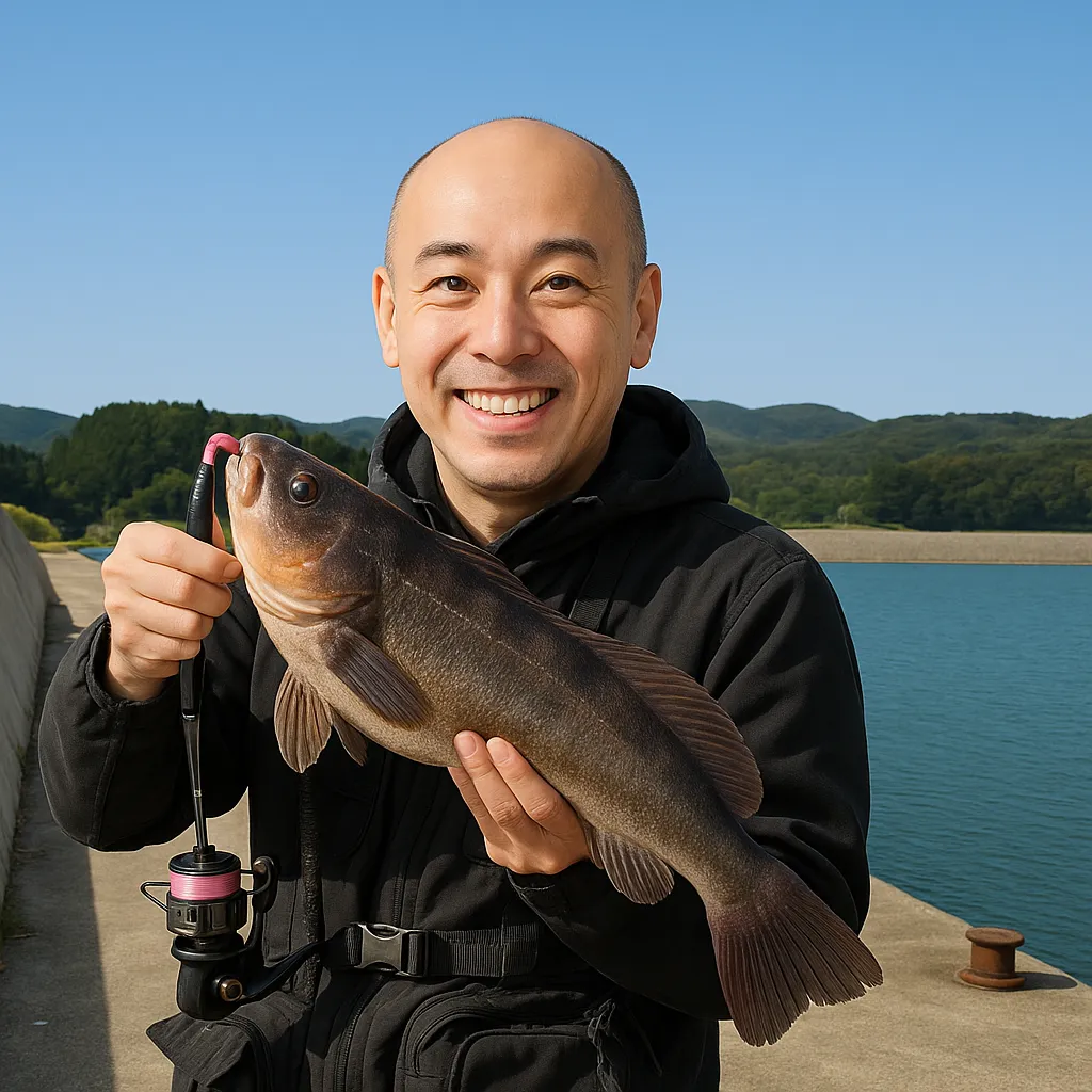 折立漁港でアイナメの釣果を得たがんだま君.webp
