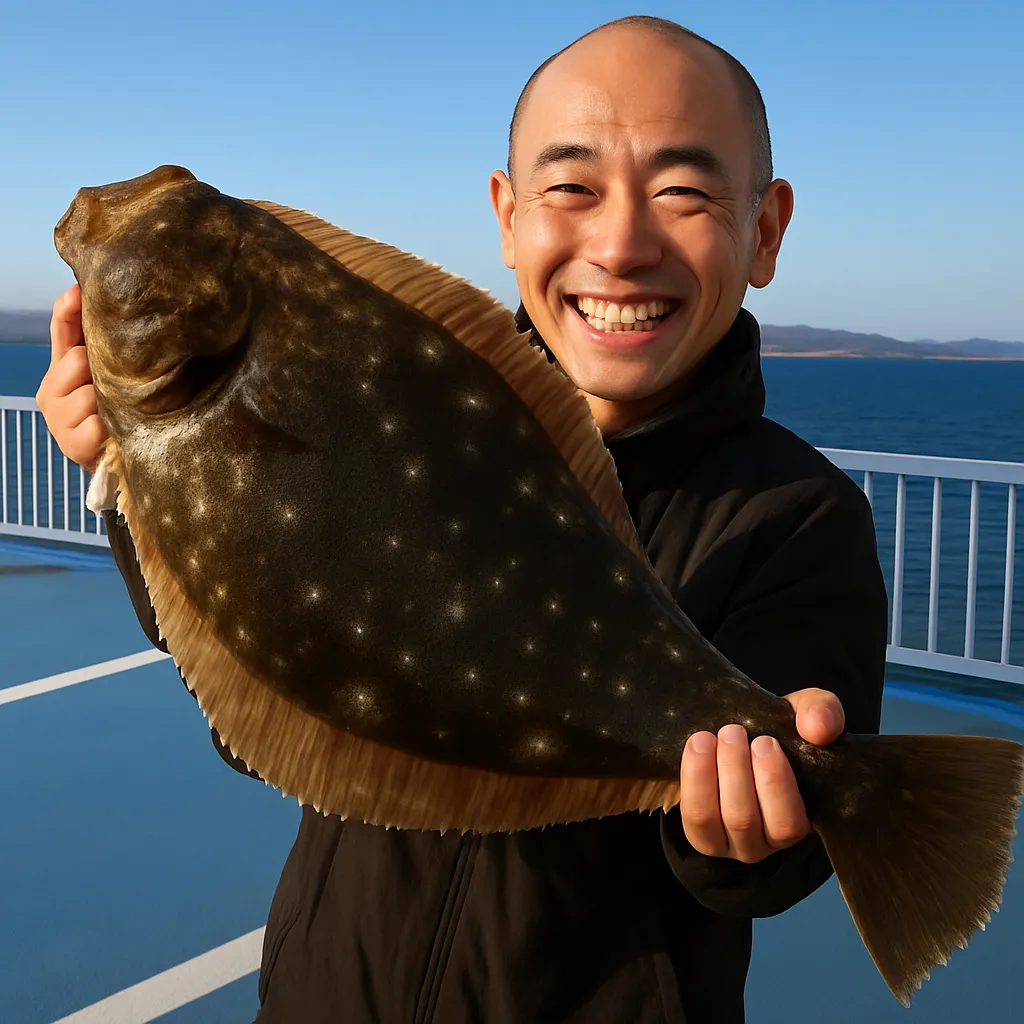 新地海釣り公園でヒラメの釣果を得たがんだま君.webp