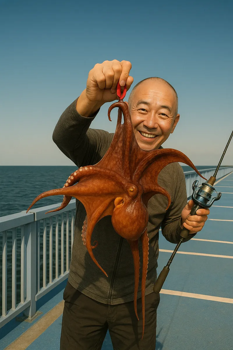 新地海釣り公園でマダコの釣果を得たがんだま君.webp