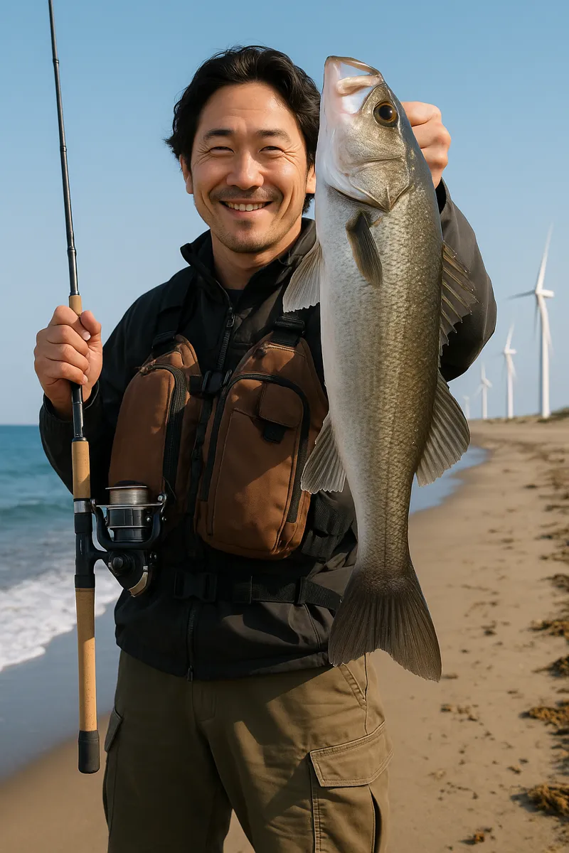 新屋浜でシーバスの釣果を得た男性.webp