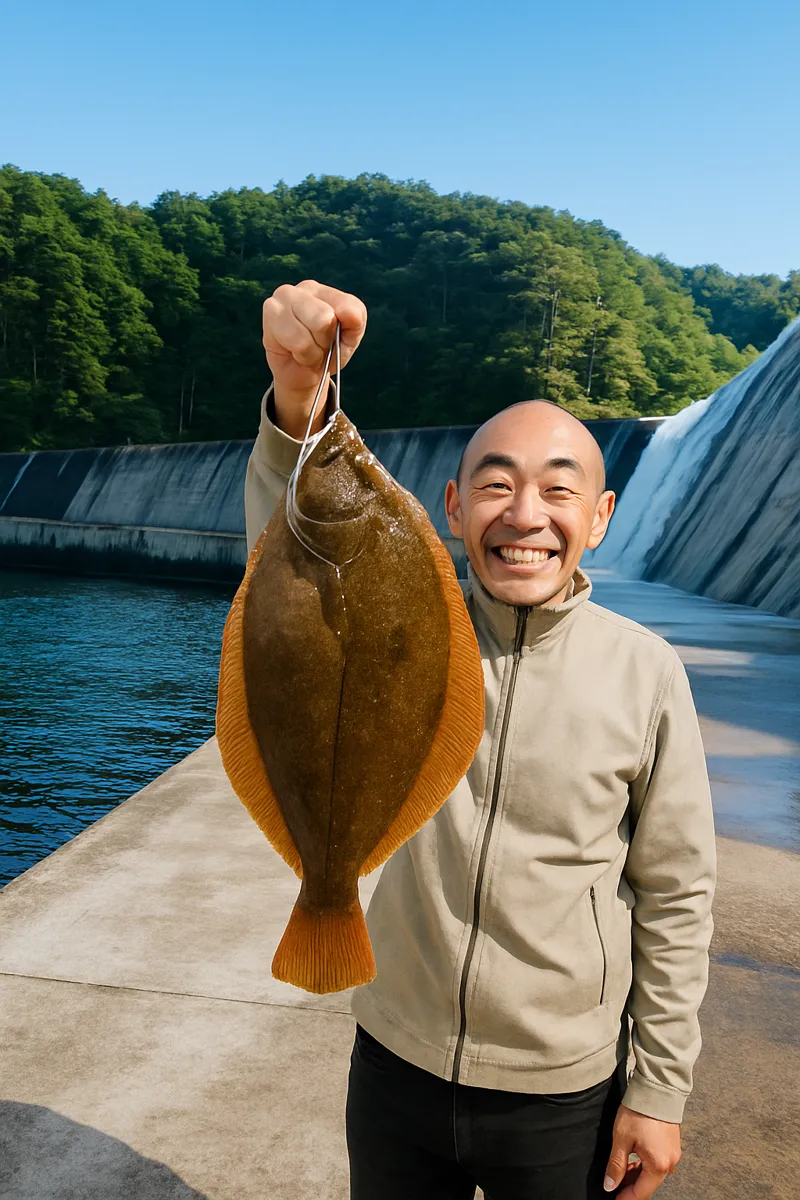 新山漁港でカレイの釣果を得たがんだま君.webp