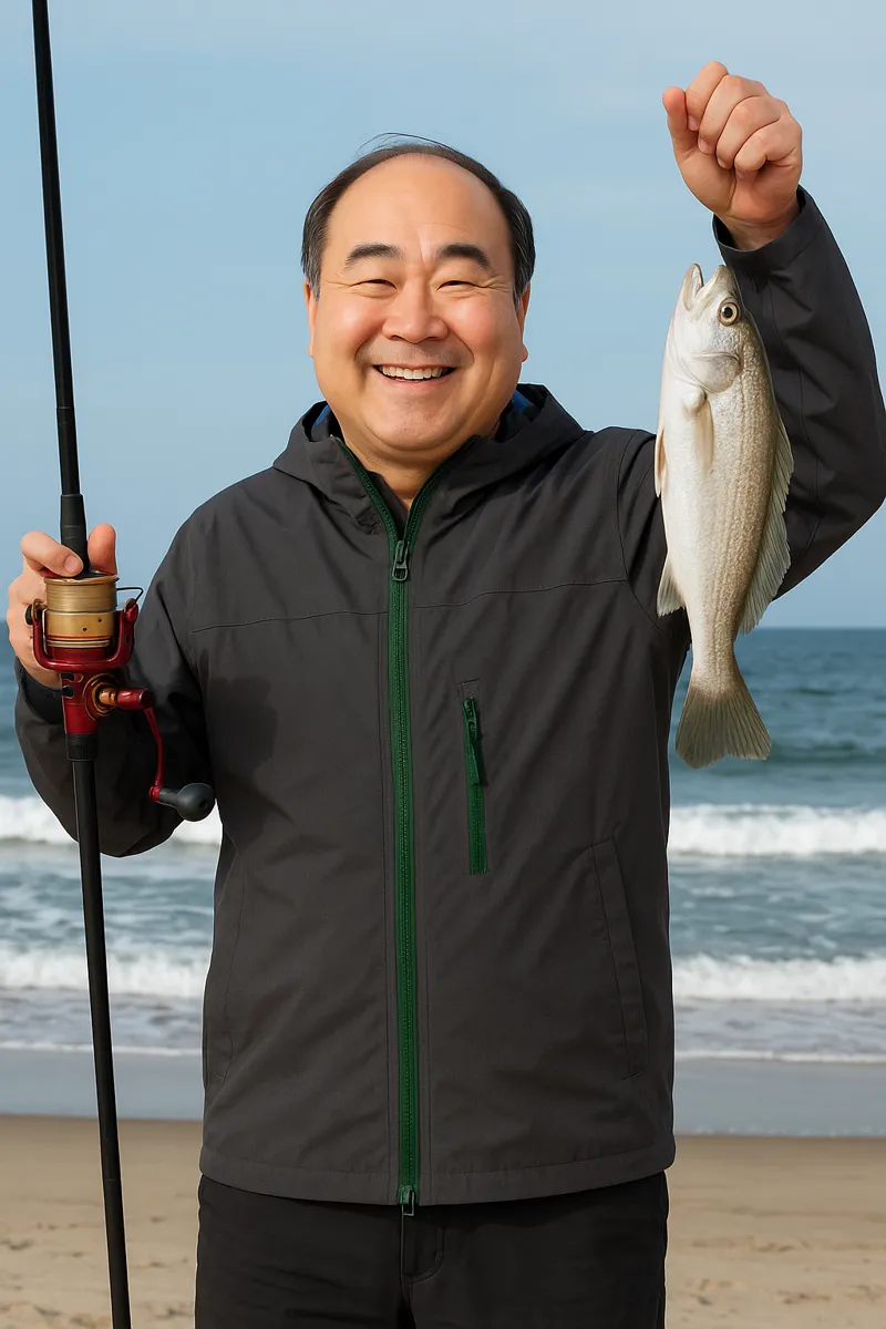 新舞子浜でイシモチの釣果を得た持田.webp