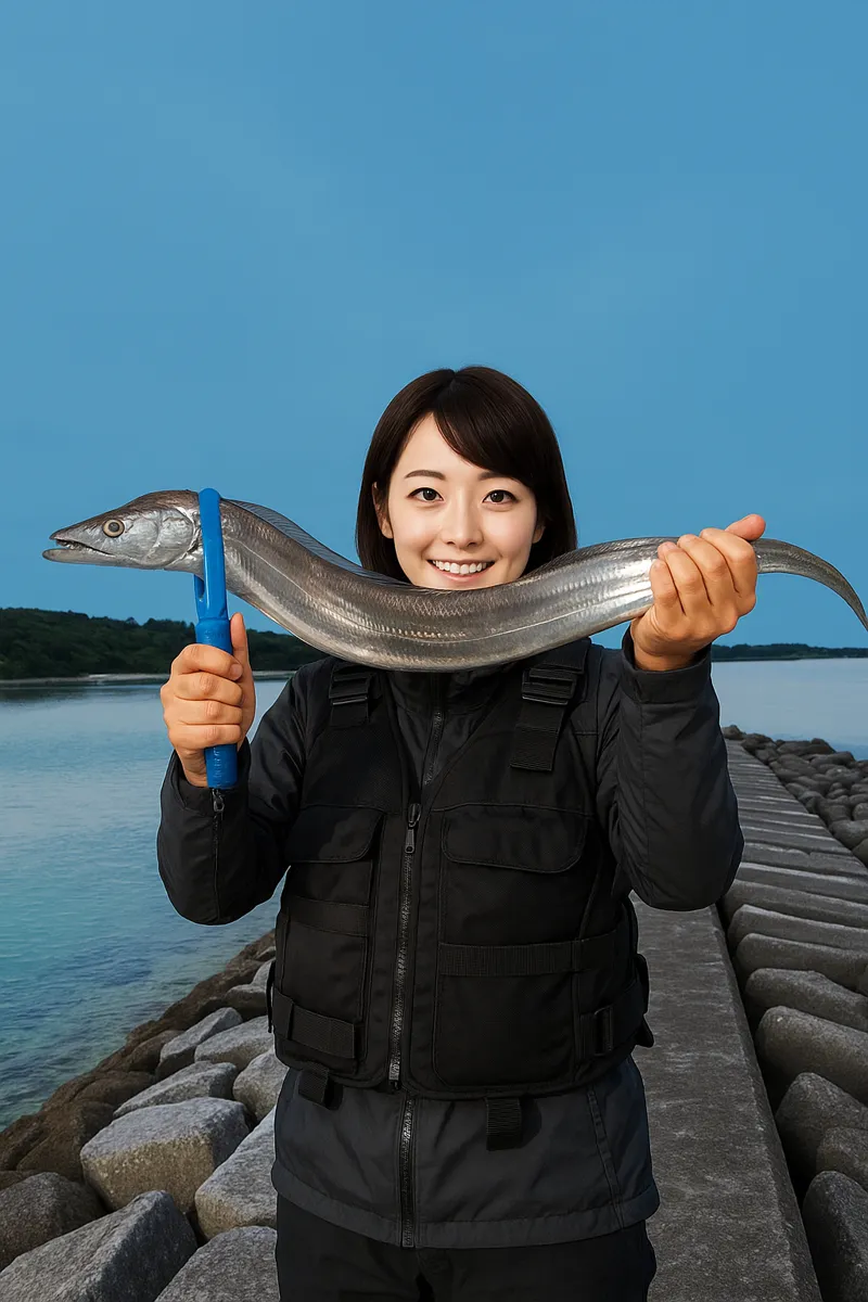 新里漁港でタチウオの釣果を得た西岡.webp