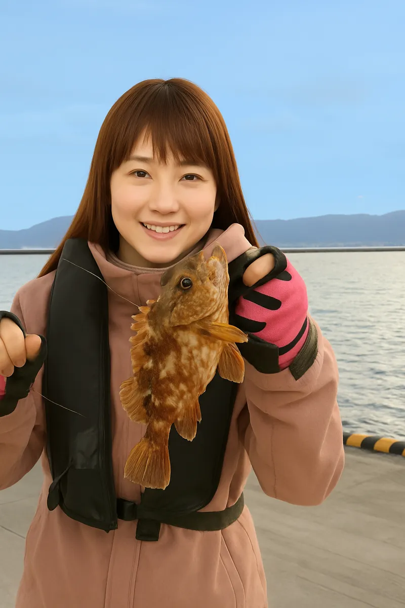 日出港でアラカブの釣果を得た女性.webp