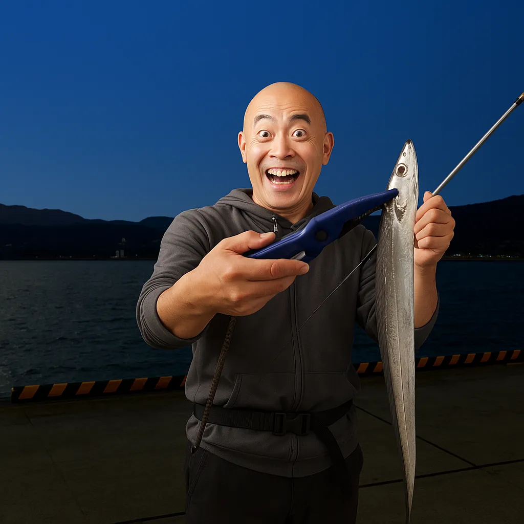 日出港でタチウオの釣果を得たがんだま君.webp