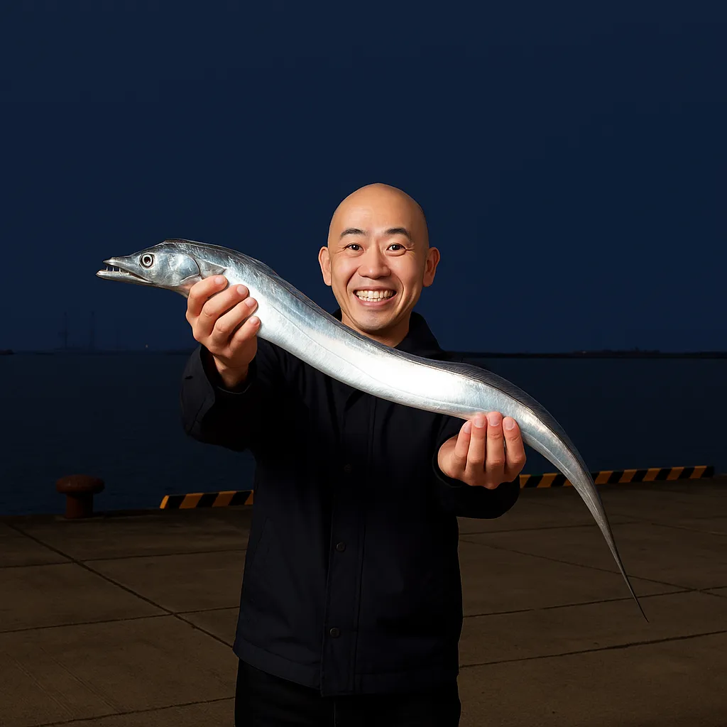日吉原公共埠頭でタチウオの釣果を得たがんだま君.webp