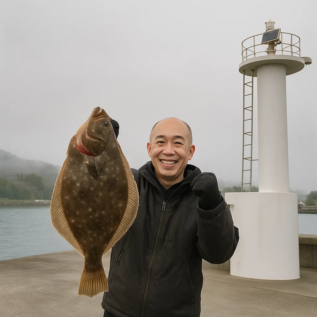 日門漁港でヒラメの釣果を得たがんだま君.webp