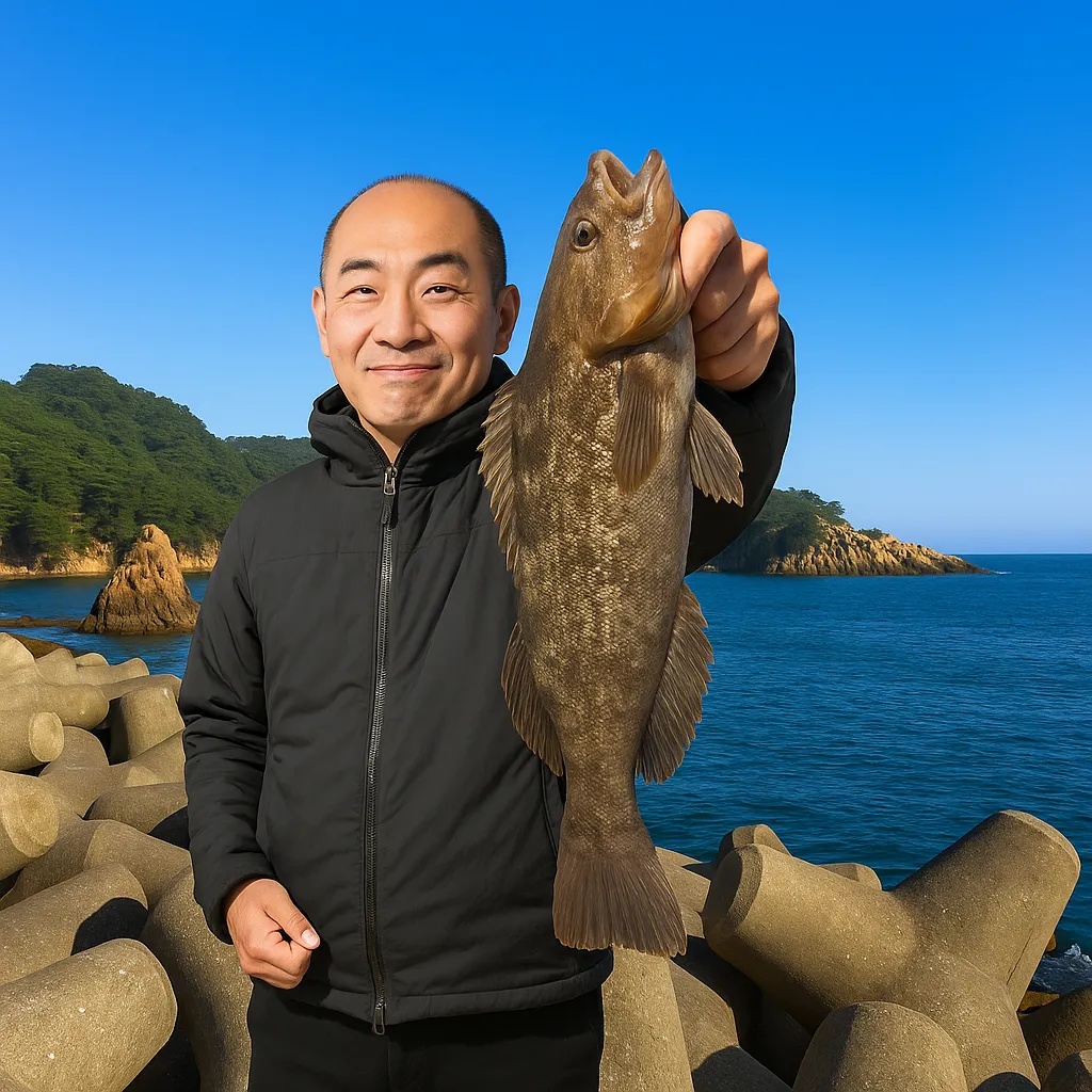 月浜漁港でアイナメの釣果を得た男性.webp