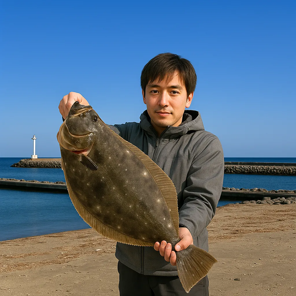 本荘浜でヒラメの釣果を得た久良木.webp