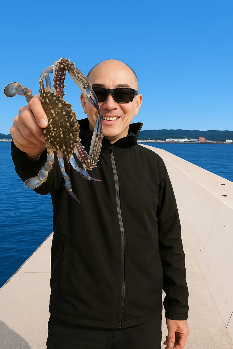東宮浜港でワタリガニの釣果を得たがんだま君.webp
