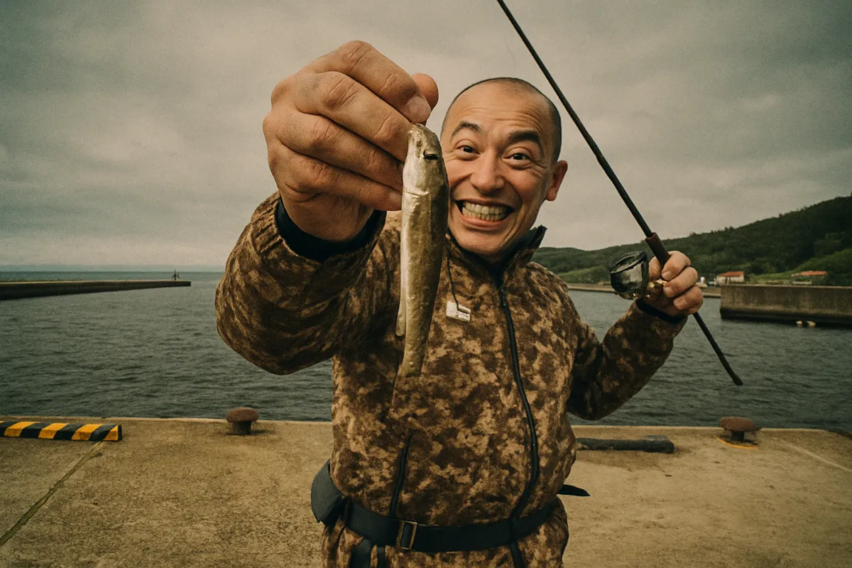 東滝漁港でハゼの釣果を得たがんだま君.webp