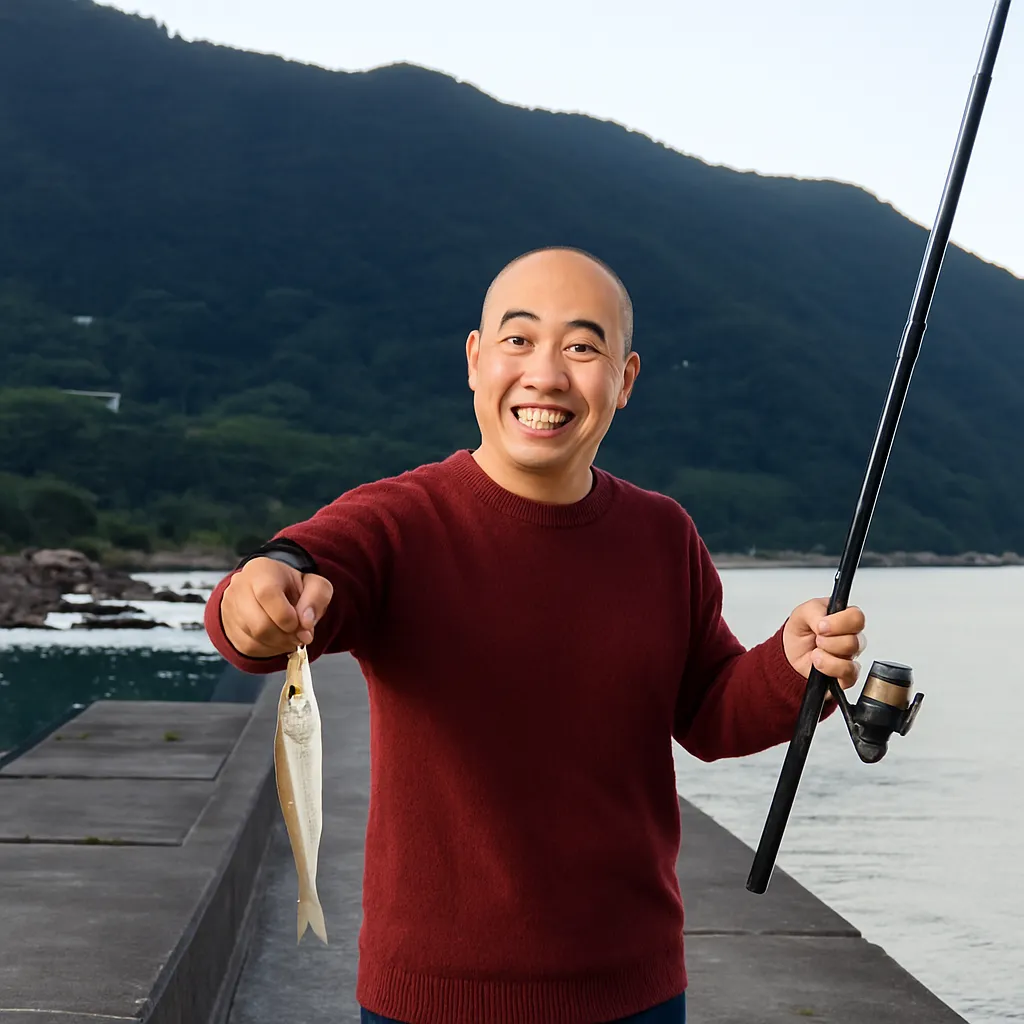 東風泊漁港でシロギスの釣果を得たがんだま君.webp
