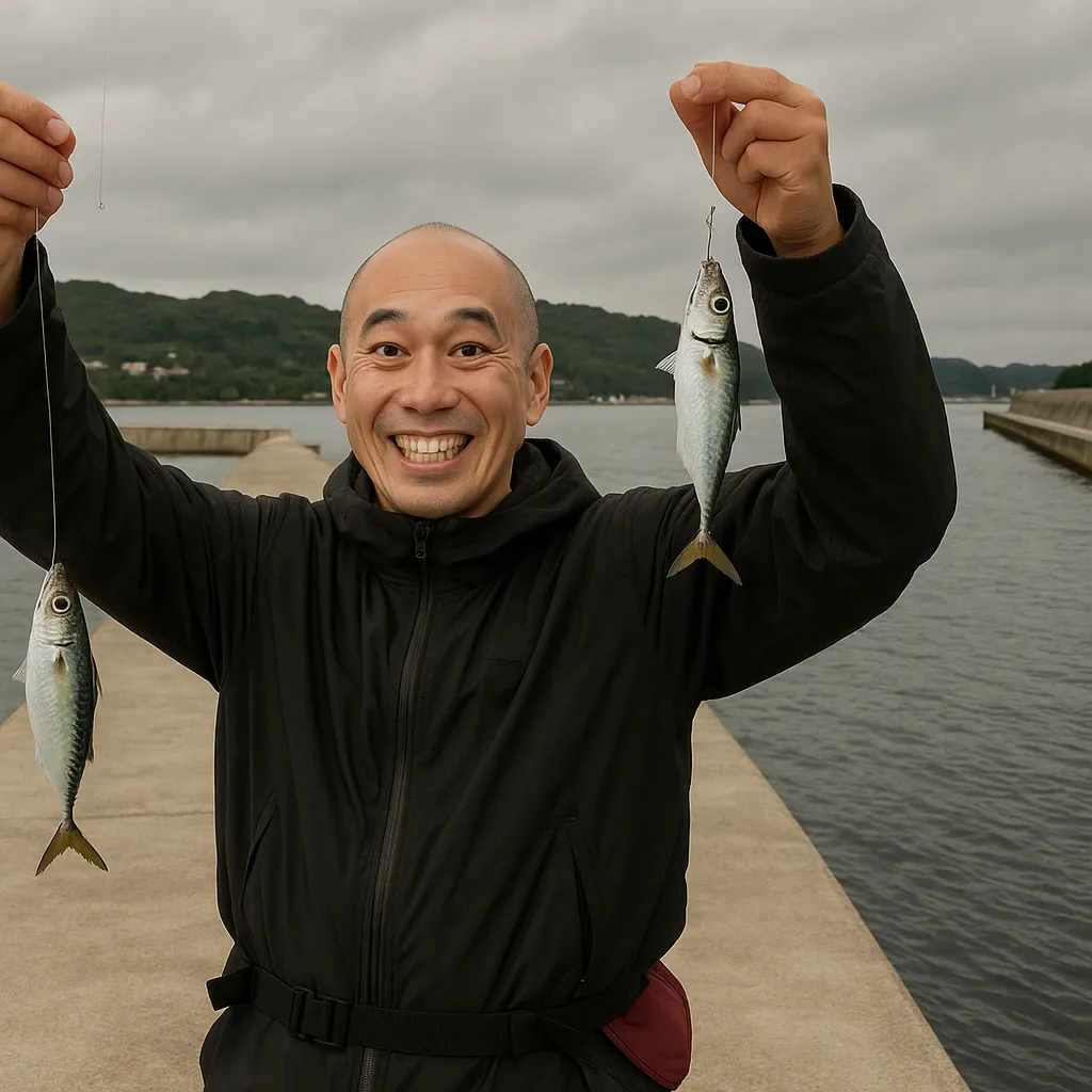 松岩漁港でサバの釣果を得たがんだま君.webp
