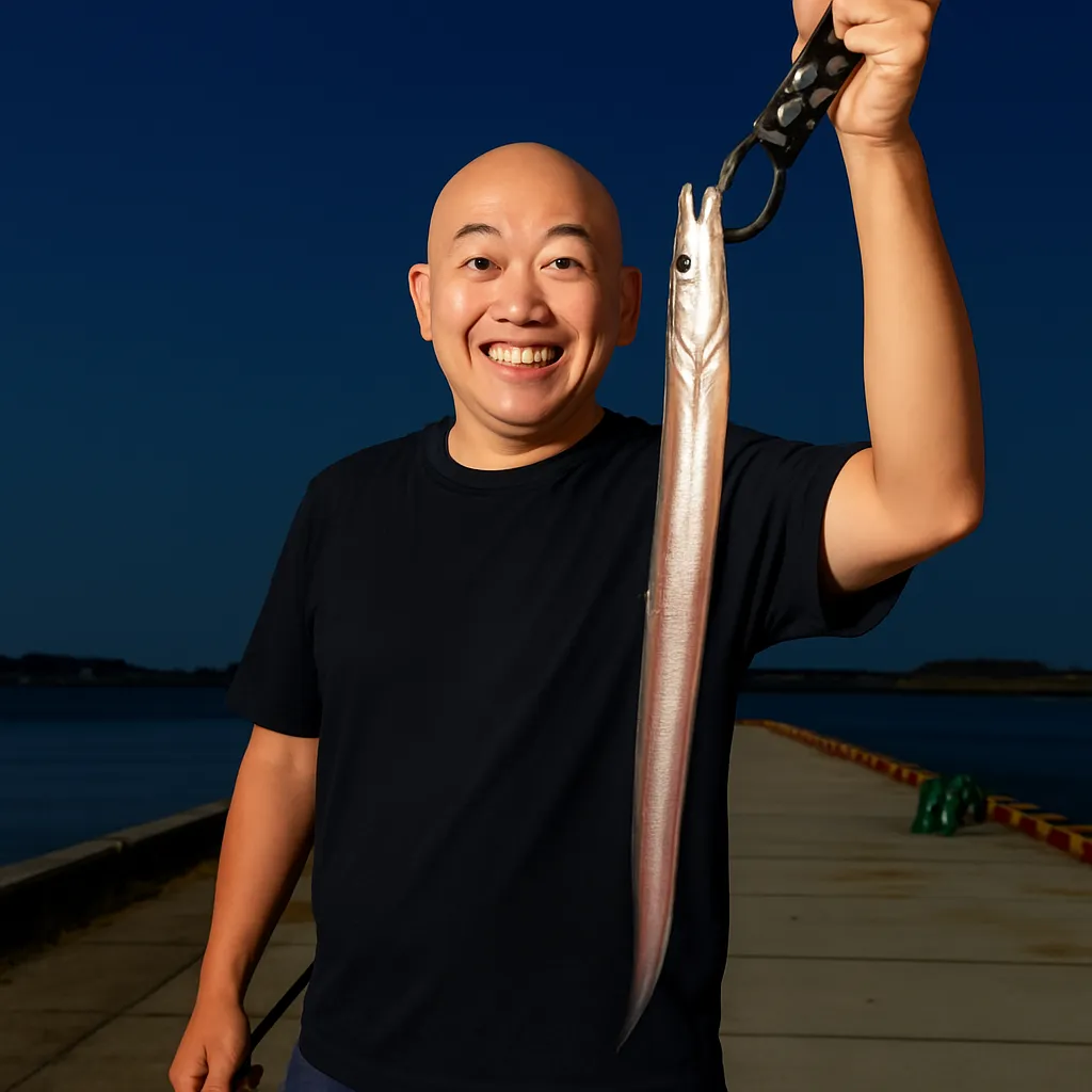 松川浦でアナゴの釣果を得たがんだま君.webp