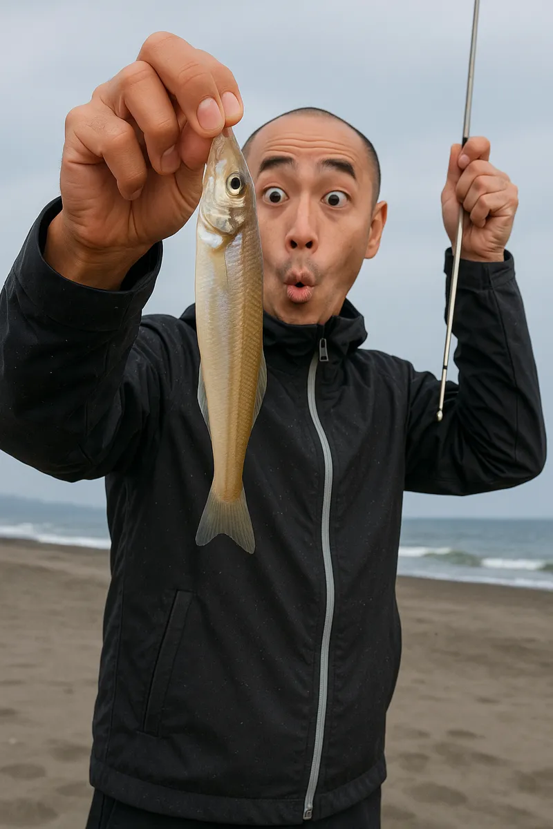 桂浜海水浴場でシロギスの釣果を得たがんだま君.webp