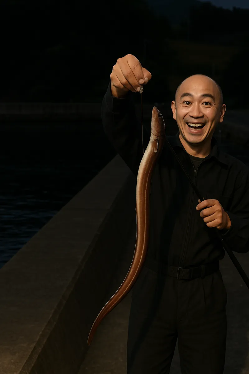 桃浦漁港でアナゴの釣果を得たがんだま君.webp