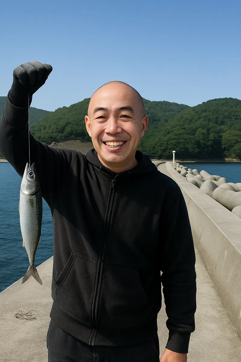 桃浦漁港でサバの釣果を得たがんだま君.webp