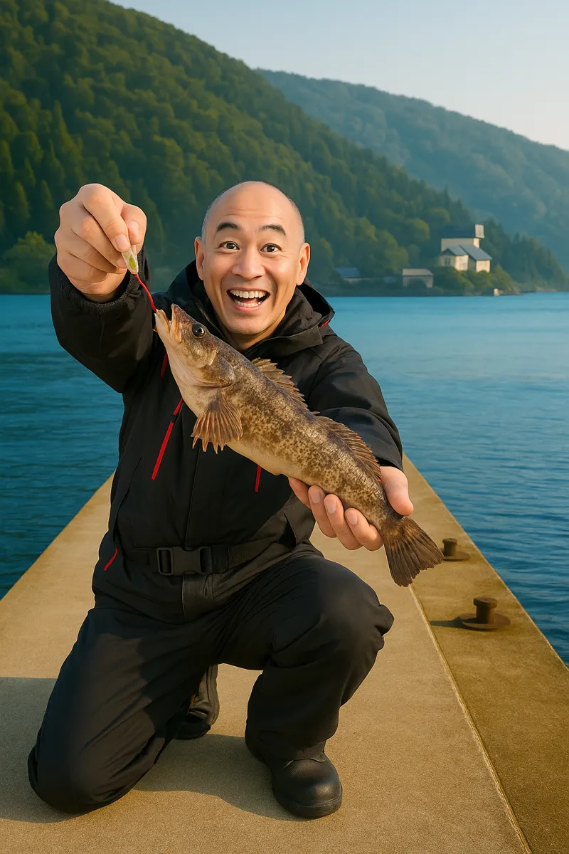 桐ヶ崎漁港でアイナメの釣果を得たがんだま君.webp