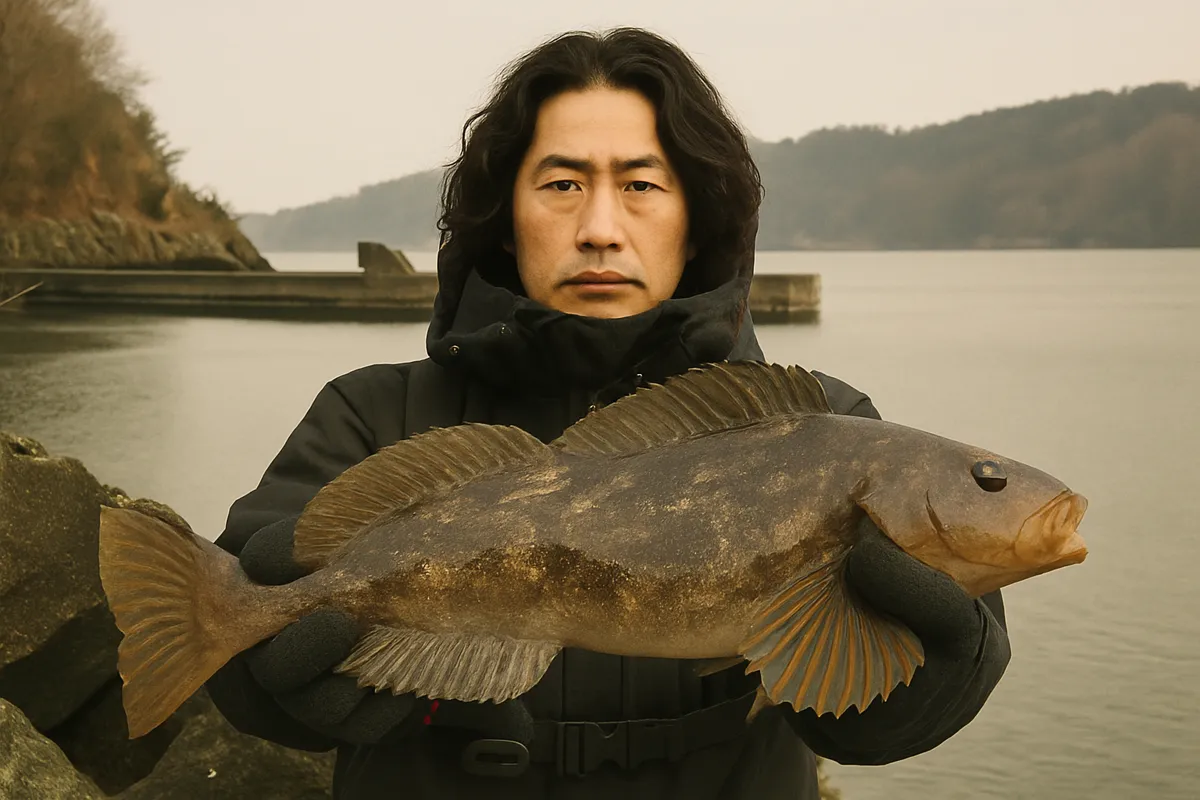 桑ノ浜漁港でアイナメの釣果を得た岸本.webp